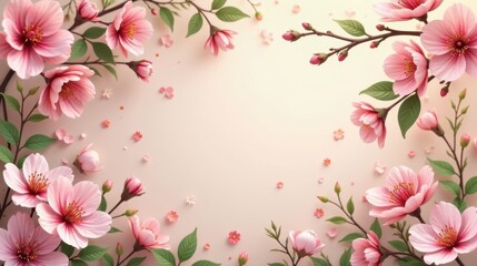 Fototapeta premium A Delicate Frame of Pastel Pink Blossoms and Petals on a Soft Background