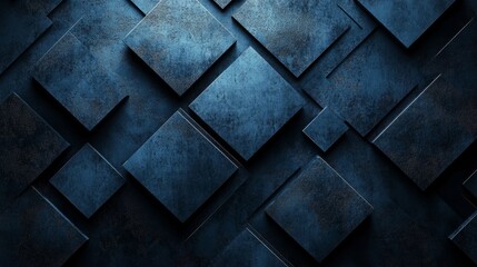 Minimalist Blue squares and lines on a dark background. Geometric pattern for banner template with white space in the center for text. Simple modern wallpaper with copy space.