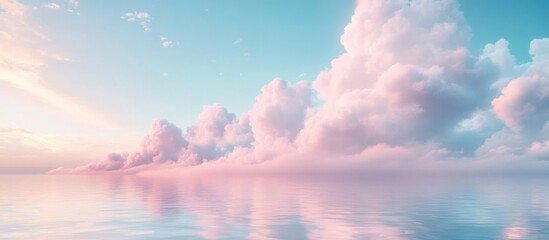 Serene abstract landscape featuring gentle pastel blue sky transitioning to soft pink clouds mirrored in tranquil waters at the horizon line