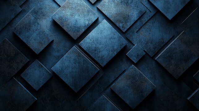 Minimalist Blue squares and lines on a dark background. Geometric pattern for banner template with white space in the center for text. Simple modern wallpaper with copy space.