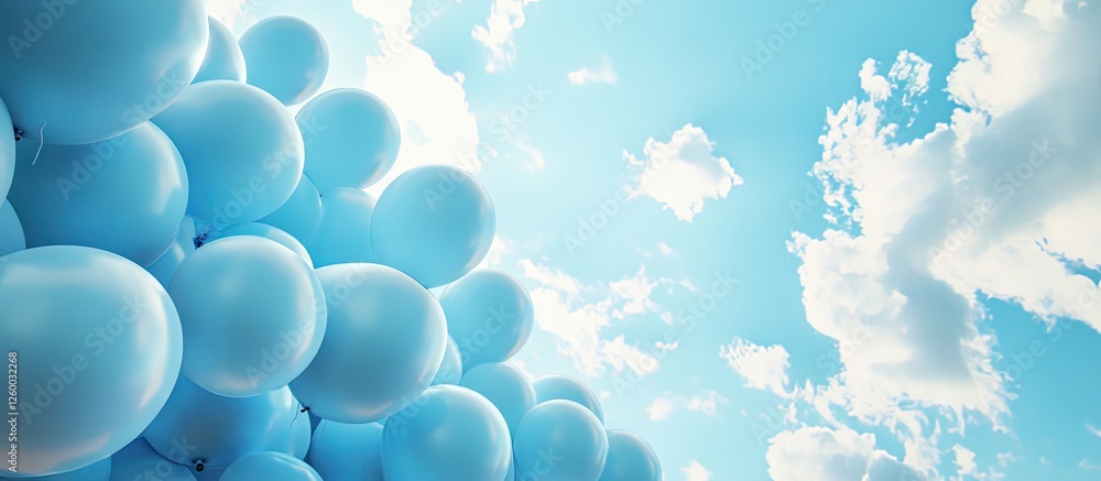 Poster blue balloons clustered in the foreground with a bright sky and fluffy clouds in the background, cre