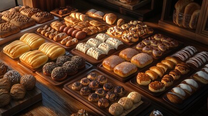Assorted fresh pastries displayed in a cozy bakery setting