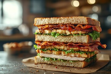 Delicious double-decker bacon sandwich, restaurant setting