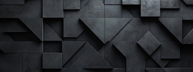 Simple black triangles and squares on a dark background. Geometric design for banner template with white space in the center for text. Minimalist wallpaper with copy space.