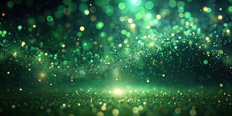Glittering green particles suspended in mid-air against a dark background with a soft bokeh effect creating a sense of depth and mystery , celestial scene, bokeh effect