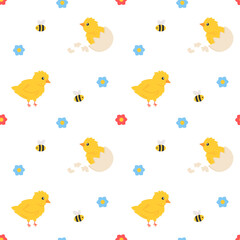 Easter seamless pattern with chicks and flowers. Suitable for Easter cards, banners, textiles, wallpapers. Vector illustration