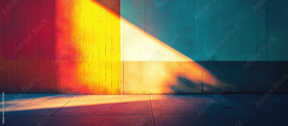 Poster vibrant abstract wall illuminated by a sharp beam of light in warm hues of orange and blue during tw