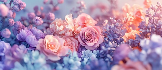 Pastel floral background with soft shades of pink, purple, and blue in a harmonious arrangement of blossoms creating a tranquil atmosphere