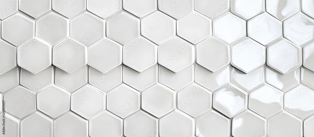 Poster white glossy hexagonal glass tiles arranged in a contemporary wall design, showcasing a modern and e