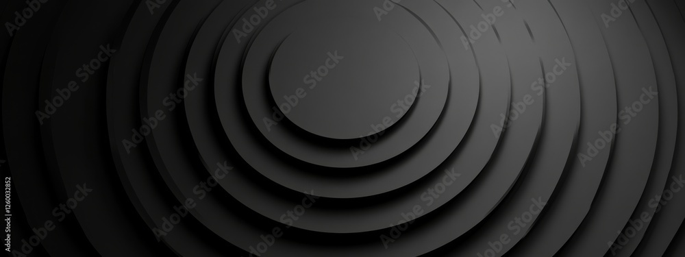 Poster simplistic black background with concentric circles for design, featuring white space in the center 