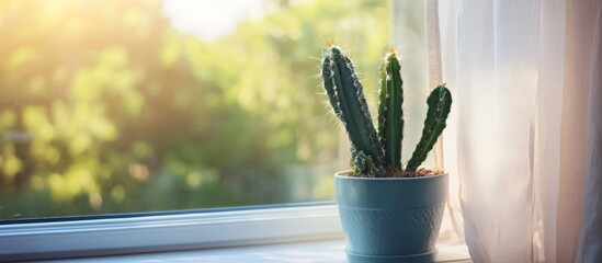 Cozy cactus in turquoise pot positioned on sunny windowsill surrounded by soft curtain light and greenery creating warm inviting atmosphere