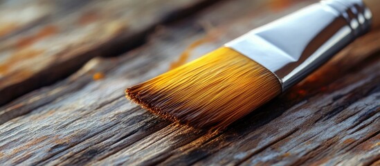 Fototapeta premium Close up of a paintbrush resting on weathered wooden surface highlighting warm browns and oranges in a minimalist aesthetic composition
