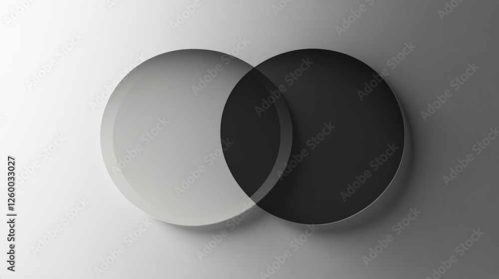 Poster abstract grayscale image of two overlapping circles, one light and one dark, on a textured backgroun