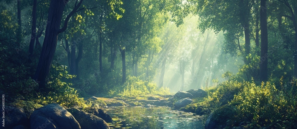 Poster tranquil forest scene with soft sunlight filtering through lush green trees illuminating a serene st