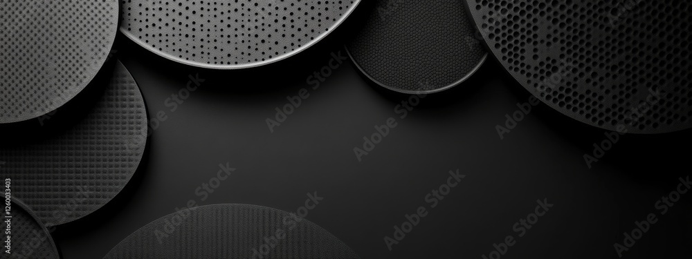 Poster sleek black background with circular patterns for design, featuring white space in the center for te