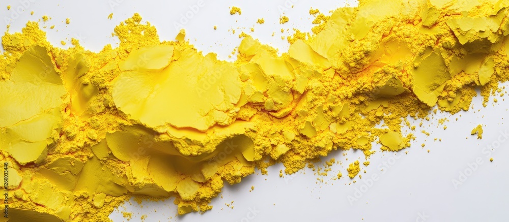 Poster vibrant crushed yellow pigment spread across white backdrop showcasing texture and intensity of colo