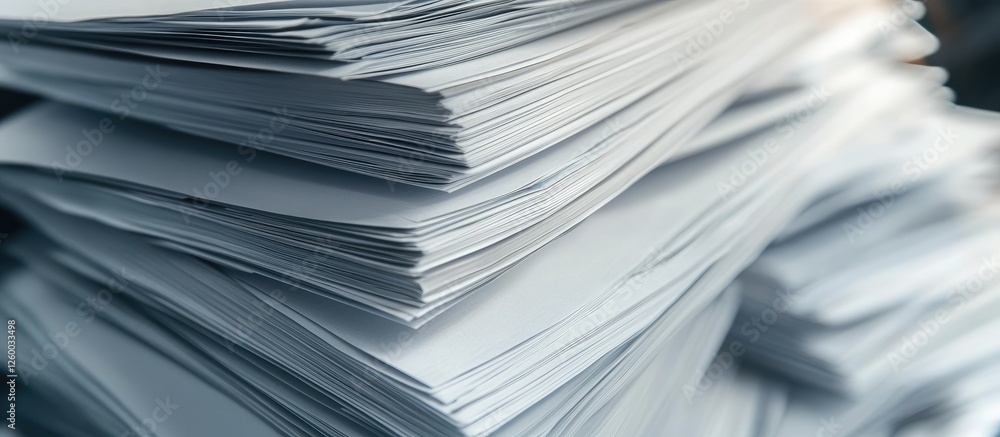 Poster close-up of neatly stacked white printer paper showcasing smooth edges and subtle texture in a blurr