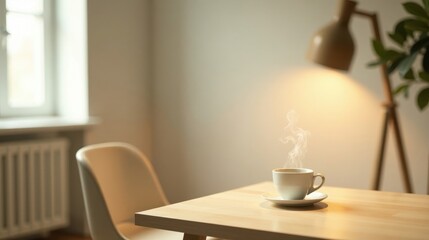 A steaming cup of coffee rests on a light wood table in a tranquil home setting, illuminated by a warm lamp, beside a comfortable chair, near a window, creating a serene and peaceful atmosphere.