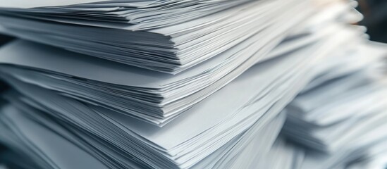 Close-up of neatly stacked white printer paper showcasing smooth edges and subtle texture in a blurred office background with soft grey tones