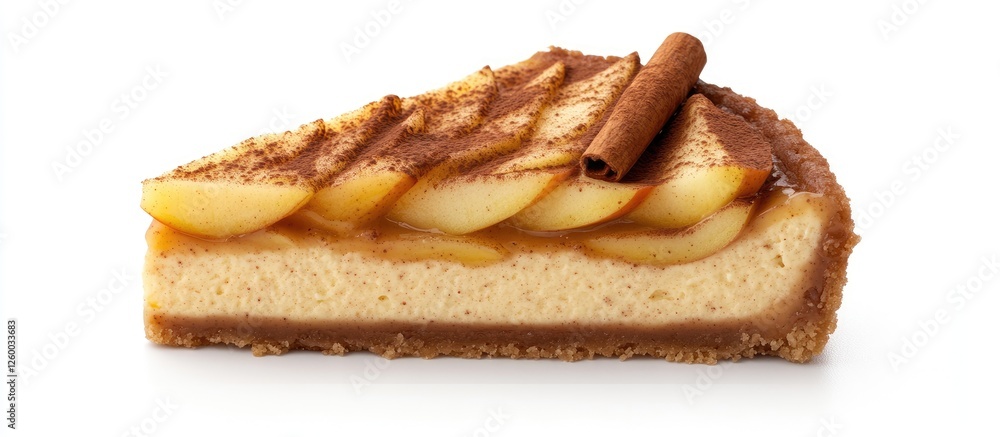 Poster cinnamon apple cheesecake slice on white background displaying caramel layers and apple slices toppe