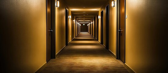 Fototapeta premium Dimly lit apartment hallway with dark unlit doorways, warm yellow walls, wooden floor, and soft ambient lighting creating an empty atmosphere