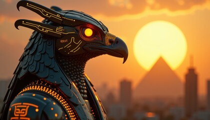 Cyberpunk Ra, the Egyptian Sun God, with Mechanical Falcon Head and Glowing Golden Circuitry Patterns Against Futuristic Skyline