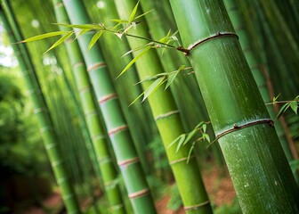 Obraz premium Bamboo forest with green leaves and trunks