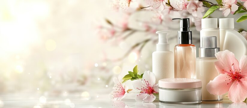 Elegant display of skincare products in soft pastel colors with pink flowers on a light background, representing medical spa treatments and beauty care.