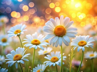 Naklejka premium Soft-focus daisies create a dreamy spring backdrop; nature's beauty blurred.