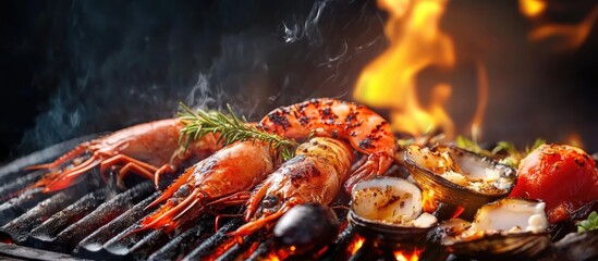 Grilled seafood on a black grill with orange flames, featuring shrimp and shellfish garnished with greenery, creating a vibrant culinary scene.