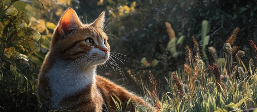 Close up of a calico cat with orange, black, and white fur in an outdoor setting among green grass and plants, highlighting its vibrant features.