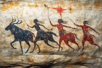 Ancient rock art depicting hunters pursuing a deer in a prehistoric cave setting