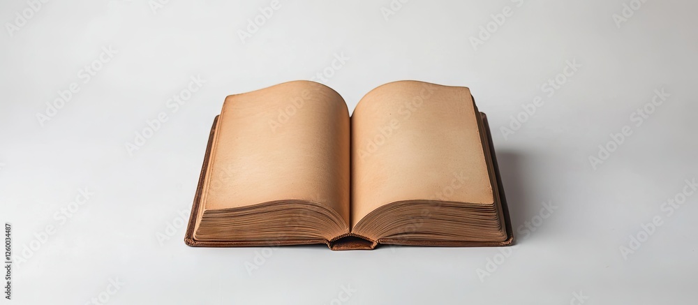 Poster open brown diary with blank pages displayed upright from a bird's eye view against a clean white bac