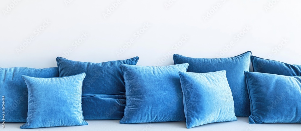 Poster blue plush cushions arranged neatly against a bright white wall creating a calm and inviting atmosph
