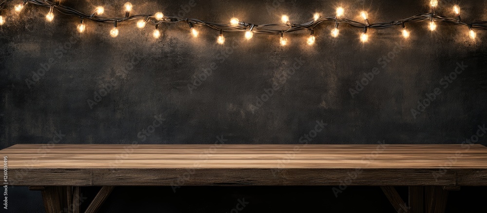 Poster Rustic wooden table against a dark textured wall illuminated by warm string lights creating a cozy and inviting atmosphere in soft hues.