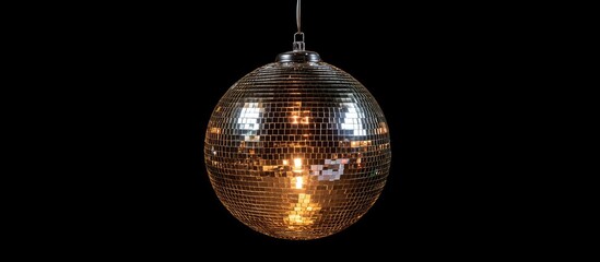 Fototapeta premium Shimmering disco ball hanging against a black background, reflecting soft warm light, encapsulating a vibrant nightlife atmosphere.