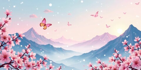 Serene Pink Blossom Panorama Dreamlike Mountains, Gentle Breeze, and Delicate Butterflies Dancing in a Pastel Sky