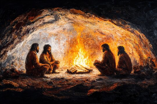 Ancient people gather around a roaring fire in a cave during the evening hours, creating a sense of community and warmth