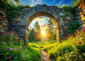 Stone archway, wildflowers in vibrant spring bloom, a nature's masterpiece captured.