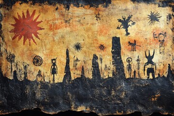 Fototapeta premium Ancient cave art displays diverse symbols against a vibrant sunset backdrop in a historic site