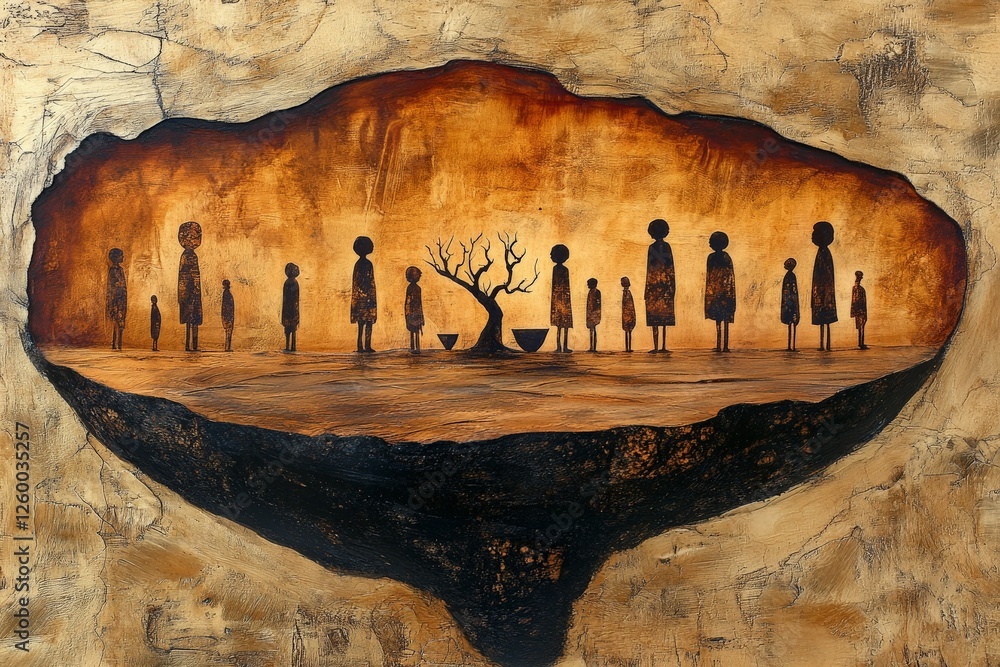 Poster silhouettes gather around a tree in a unique artwork depicting community and connection