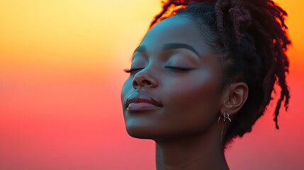 african american woman praying in front of colored background with copy space