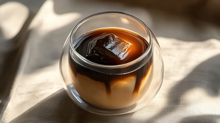 Glass of Japanese Kohi Jelly. Brewed coffee jelly and smooth, chilled coffee. Background of traditional Japanese cafe