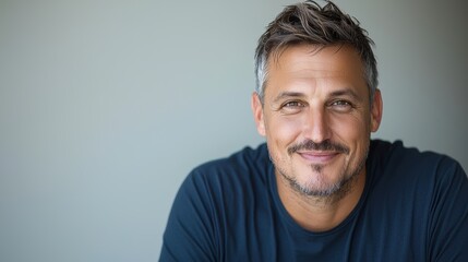Fototapeta premium A smiling man with gray-streaked hair, wearing a dark shirt, poses against a neutral background, exuding warmth and approachability.