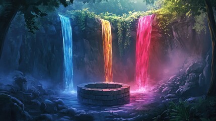 Mystical colored waterfalls converging at ancient wishing well artwork