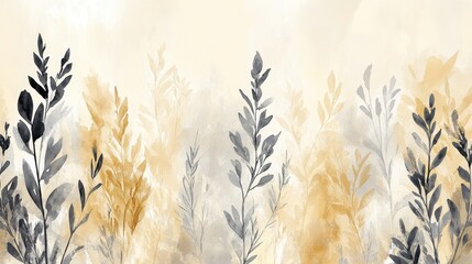 Abstract Floral Watercolor Background, Delicate Branches in Black and Pastel, Elegant Floral Art