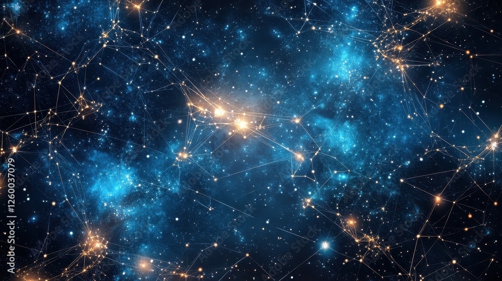 Poster abstract network and galaxy depiction with connecting lines and dots