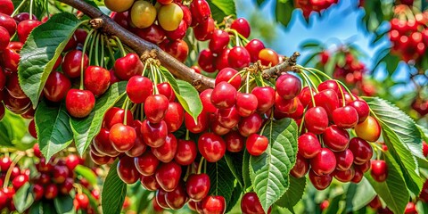 Obraz premium Sun-drenched cherries burst from branches in a panoramic view; a juicy summer harvest.