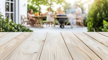 Empty Wooden Table Front With Blurred Backyard View and Family Gathering
