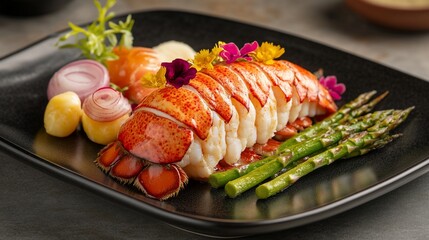 Grilled lobster tail with asparagus, potatoes, and edible flowers on a black plate.